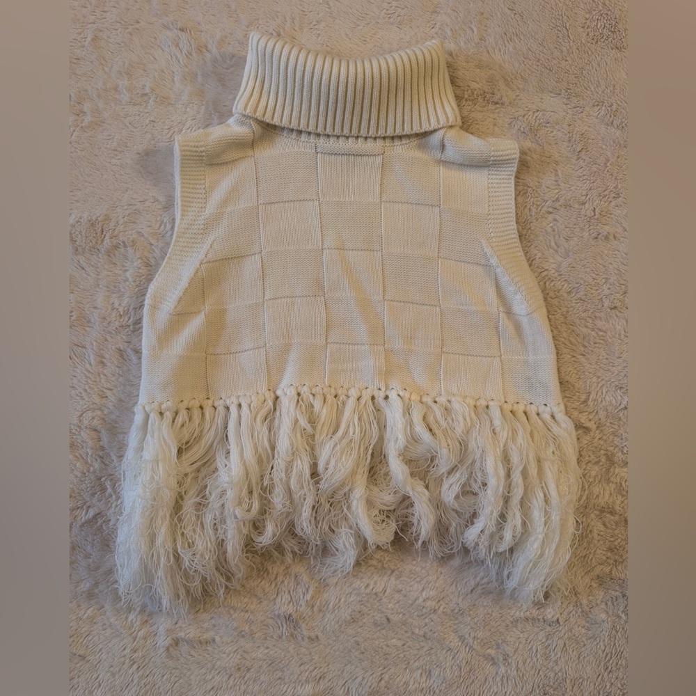 SHEIN Cream Checkerboard Fringe Turtleneck Sweater Vest XS
